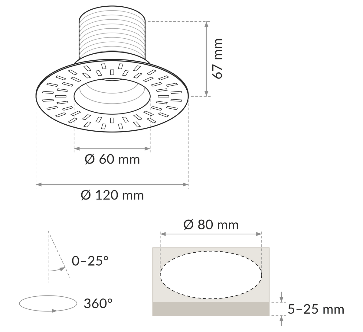 Dimensioned plan of the ELEGANZA Foco LED orientable