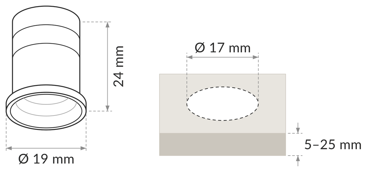 Dimensioned plan of the VENTO Mini Foco IP65